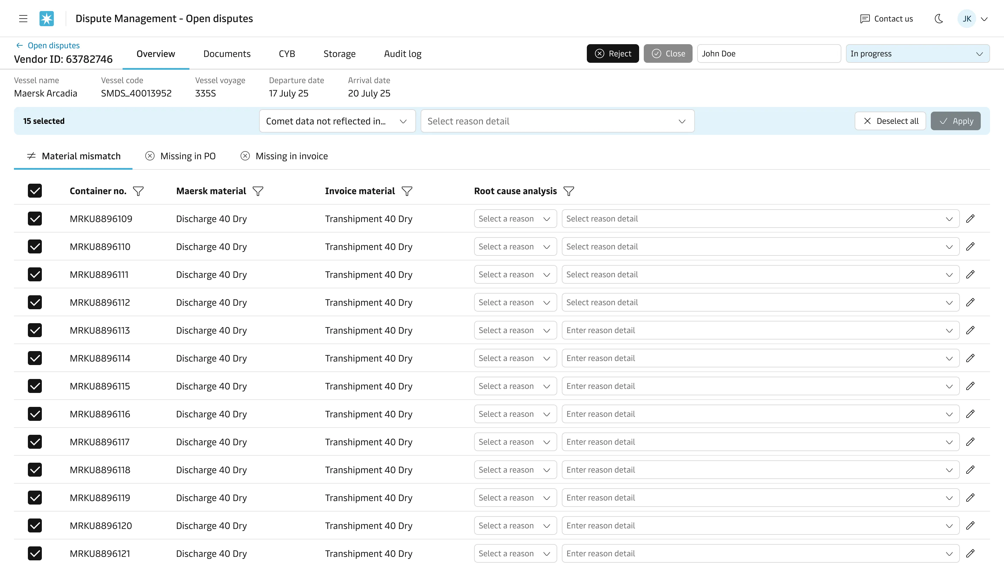 The root cause analysis assignment screen in Dispute Manager.