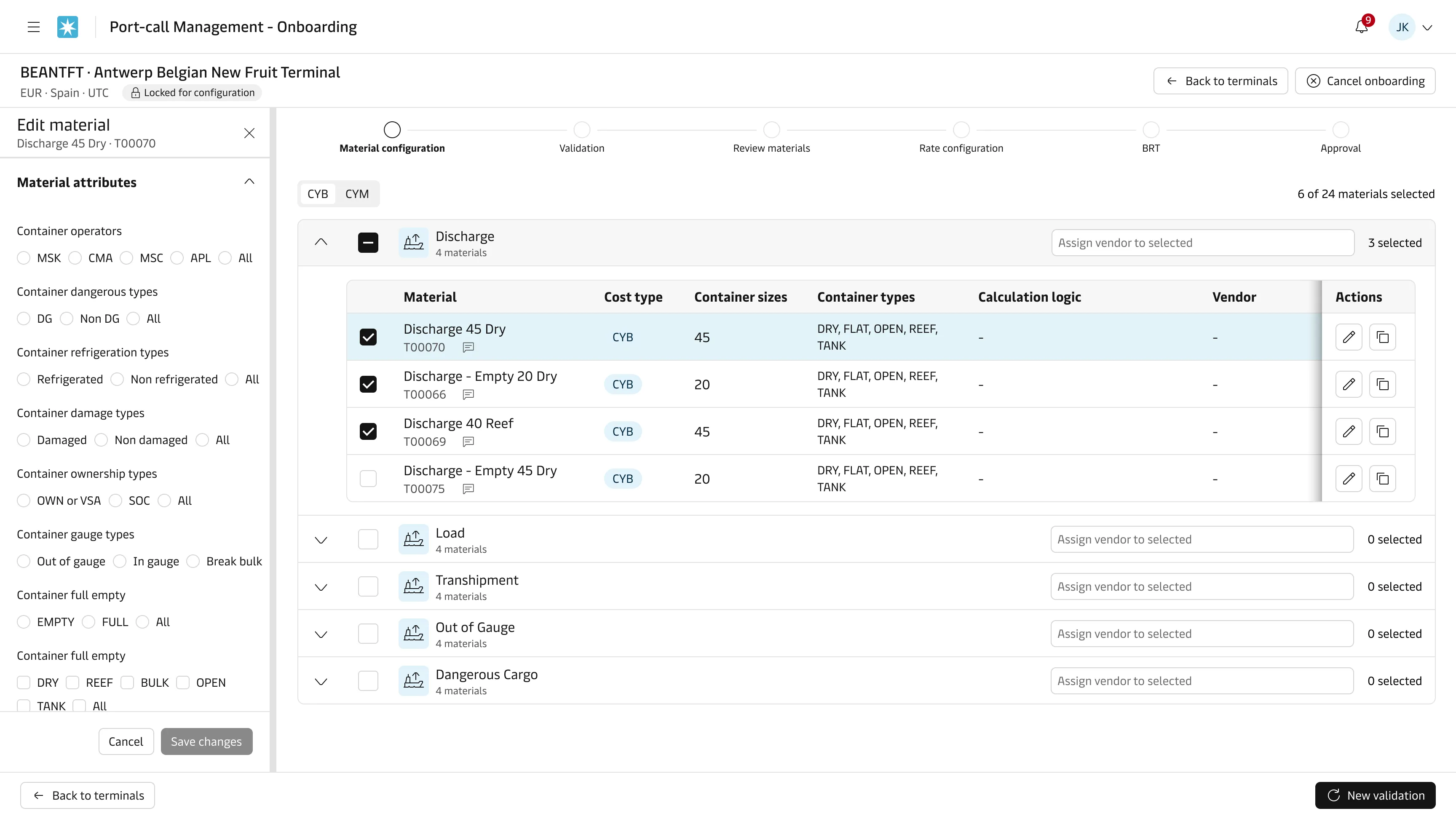 Rateflow’s terminal onboarding flow at the material configuration step.