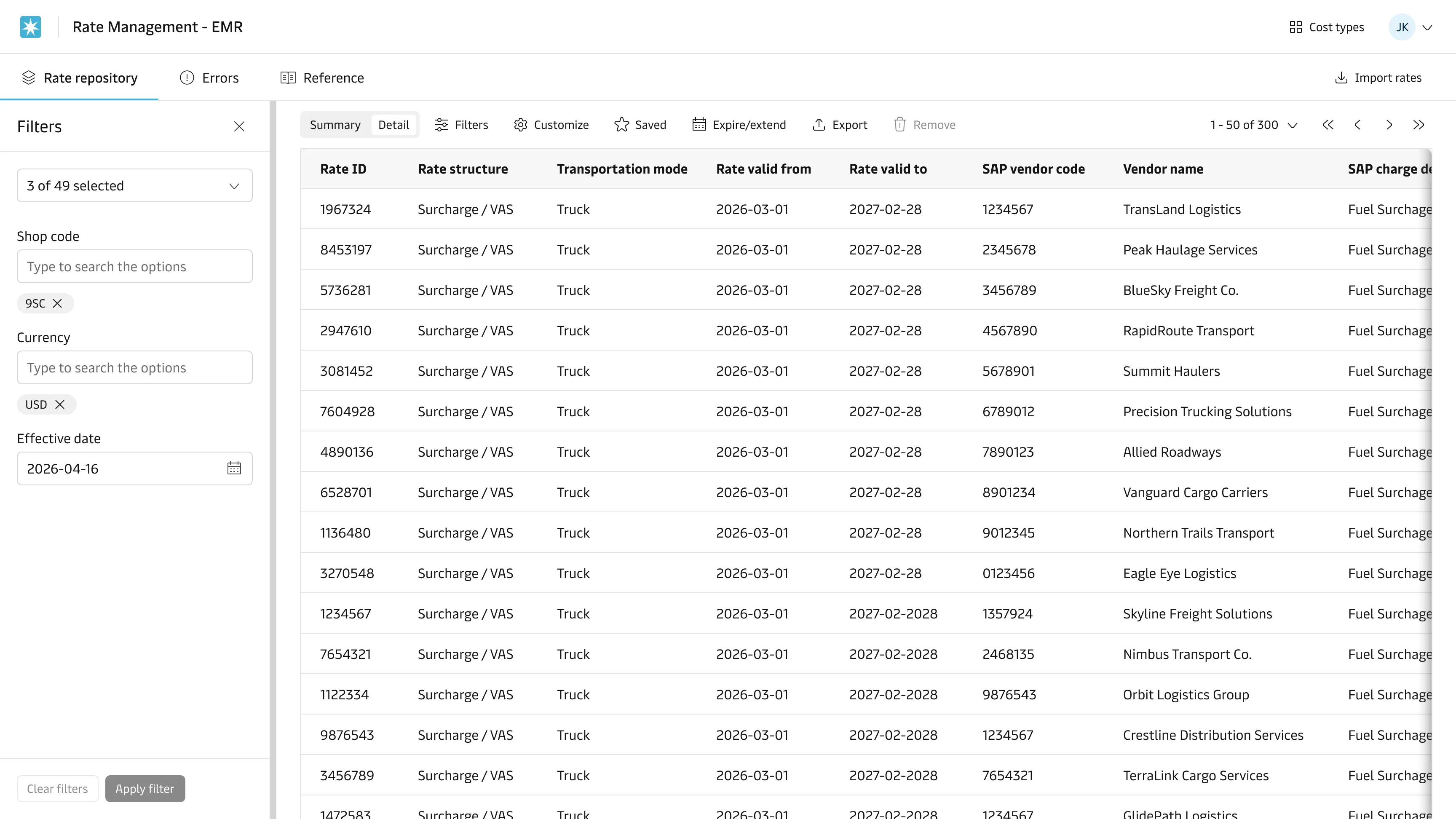 The filters panel in Rate Engine’s Rate Repository.